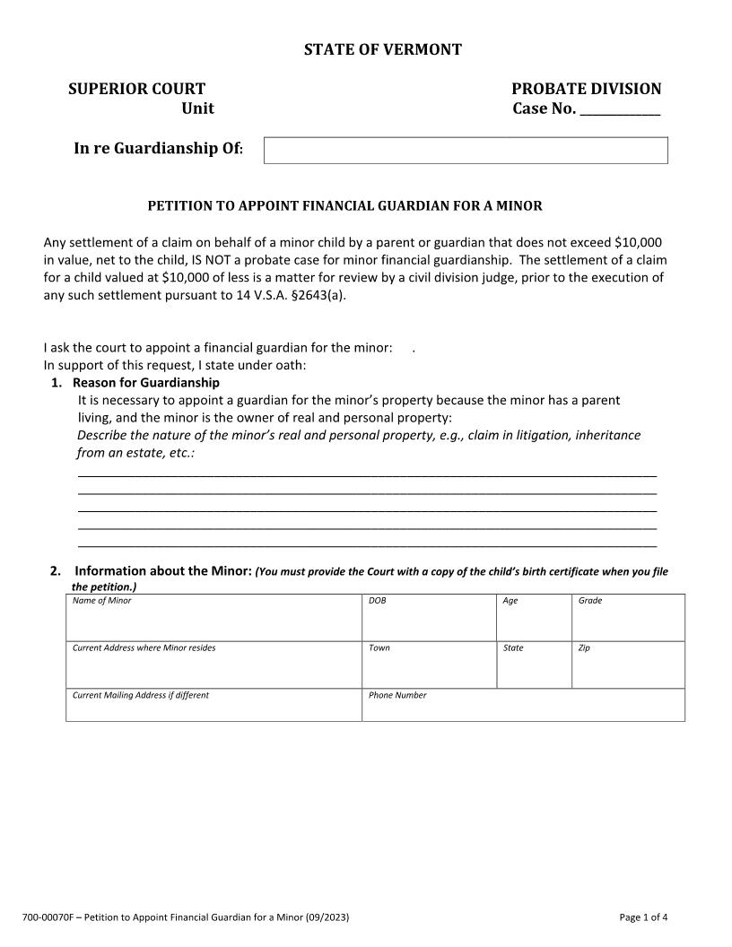 Petition To Appoint Financial Guardian For A Minor {700-00070F} | Pdf Fpdf Docx | Vermont