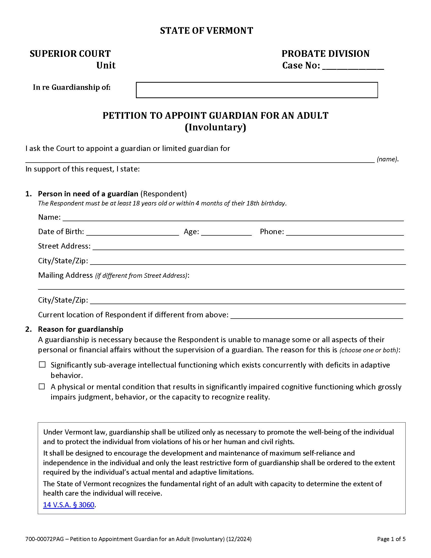 Petition To Appoint Guardian For An Adult (Involuntary) {PAG 72} | Pdf Fpdf Doc Docx | Vermont