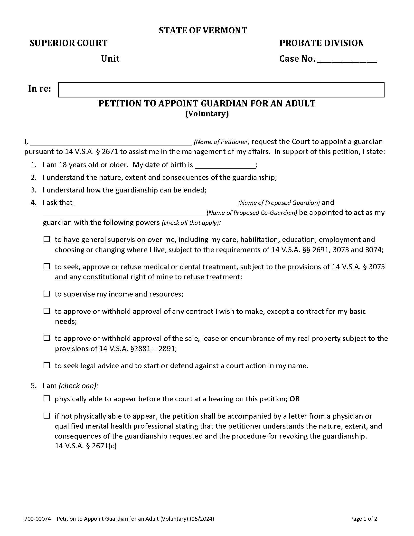 Petition To Appoint Guardian For An Adult Voluntary {700-00074} | Pdf Fpdf Docx | Vermont