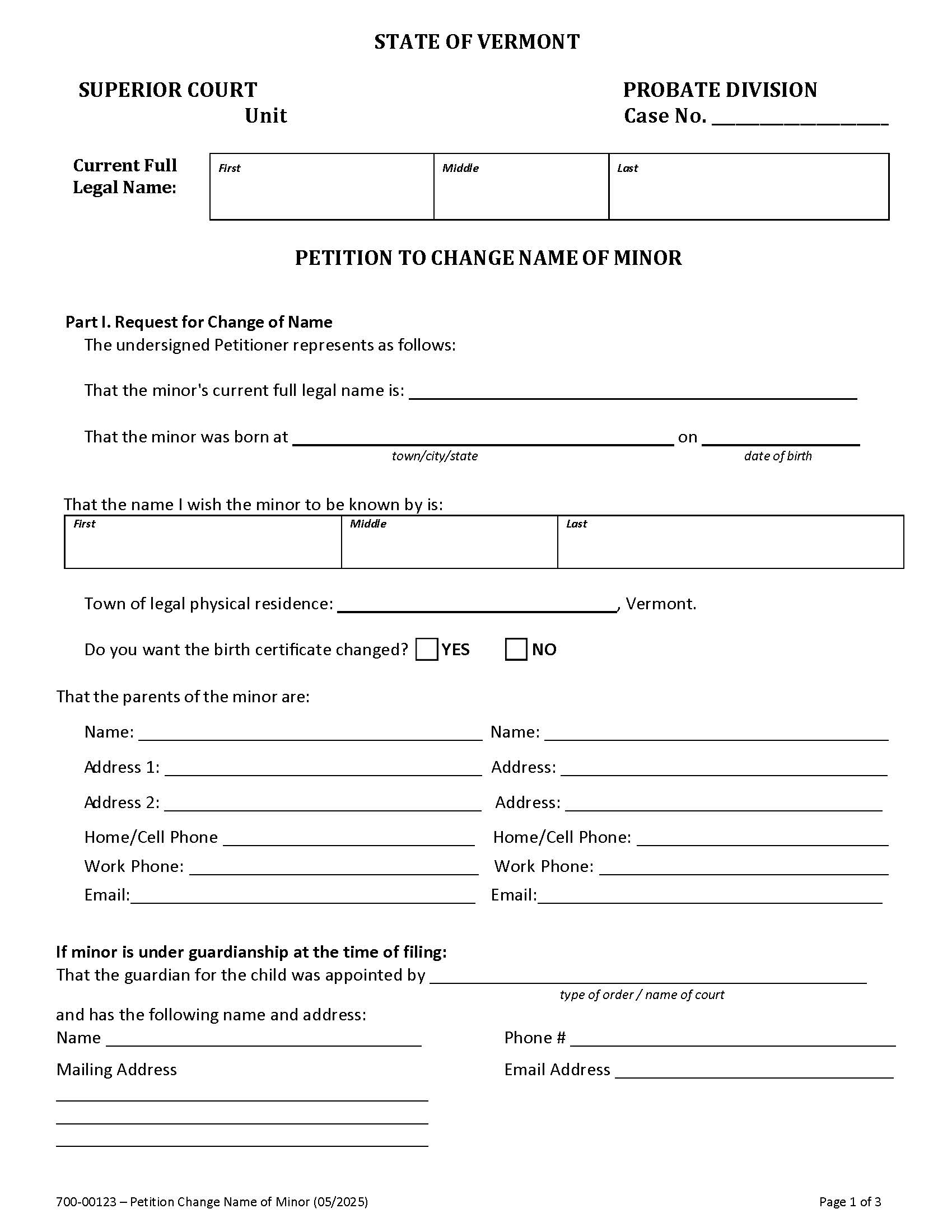 Petition To Change Name Of Minor {700-00123} | Pdf Fpdf Docx | Vermont