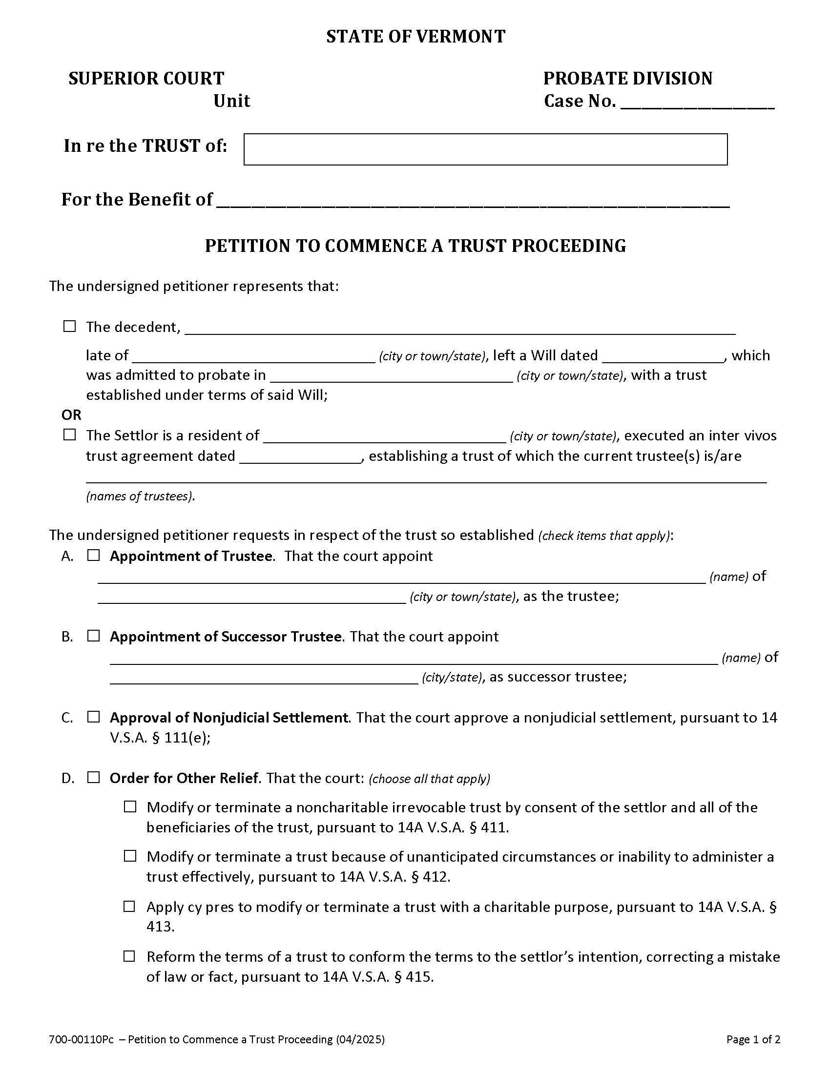 Petition To Commence A Trust Proceeding {110} | Pdf Fpdf Doc Docx | Vermont