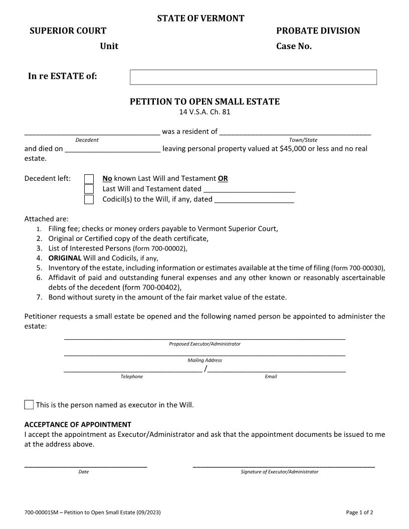 Petition To Open Decedents Estate {700-00001} | Pdf Fpdf Docx | Vermont