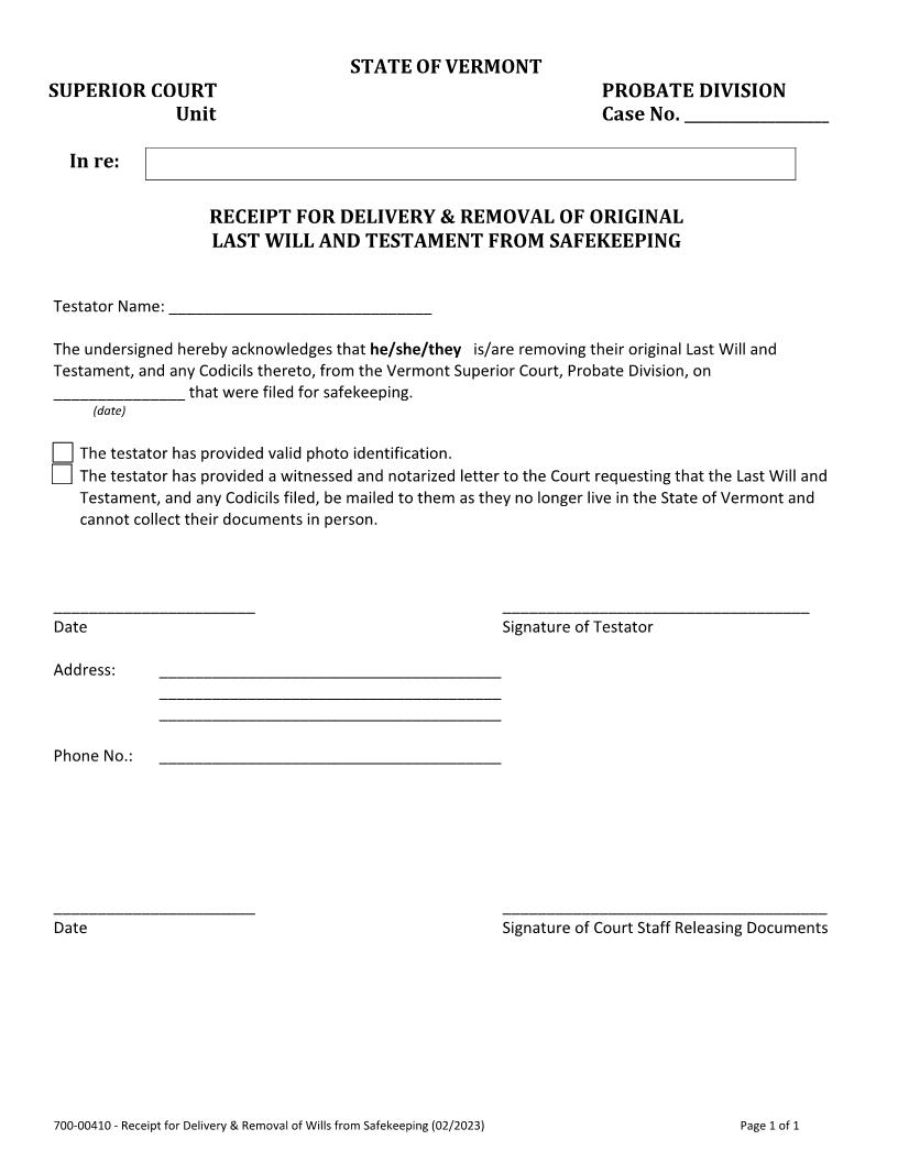 Receipt For Delivery And Removal Of Wills From Safekeeping {700-00410} | Pdf Fpdf Docx | Vermont