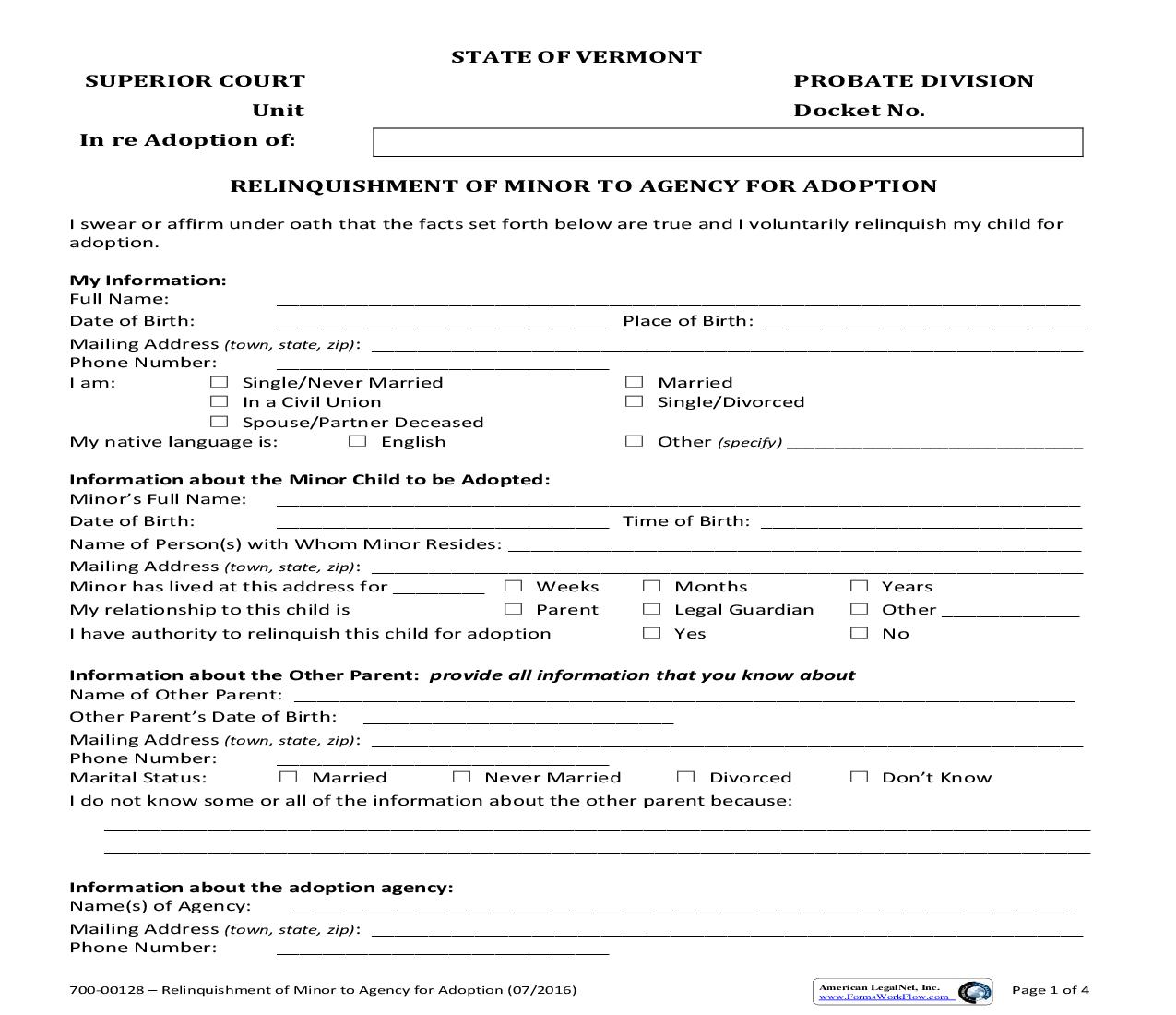 Relinquishment Of Minor To Agency For Adoption {700-00128} | Pdf Fpdf Doc Docx | Vermont