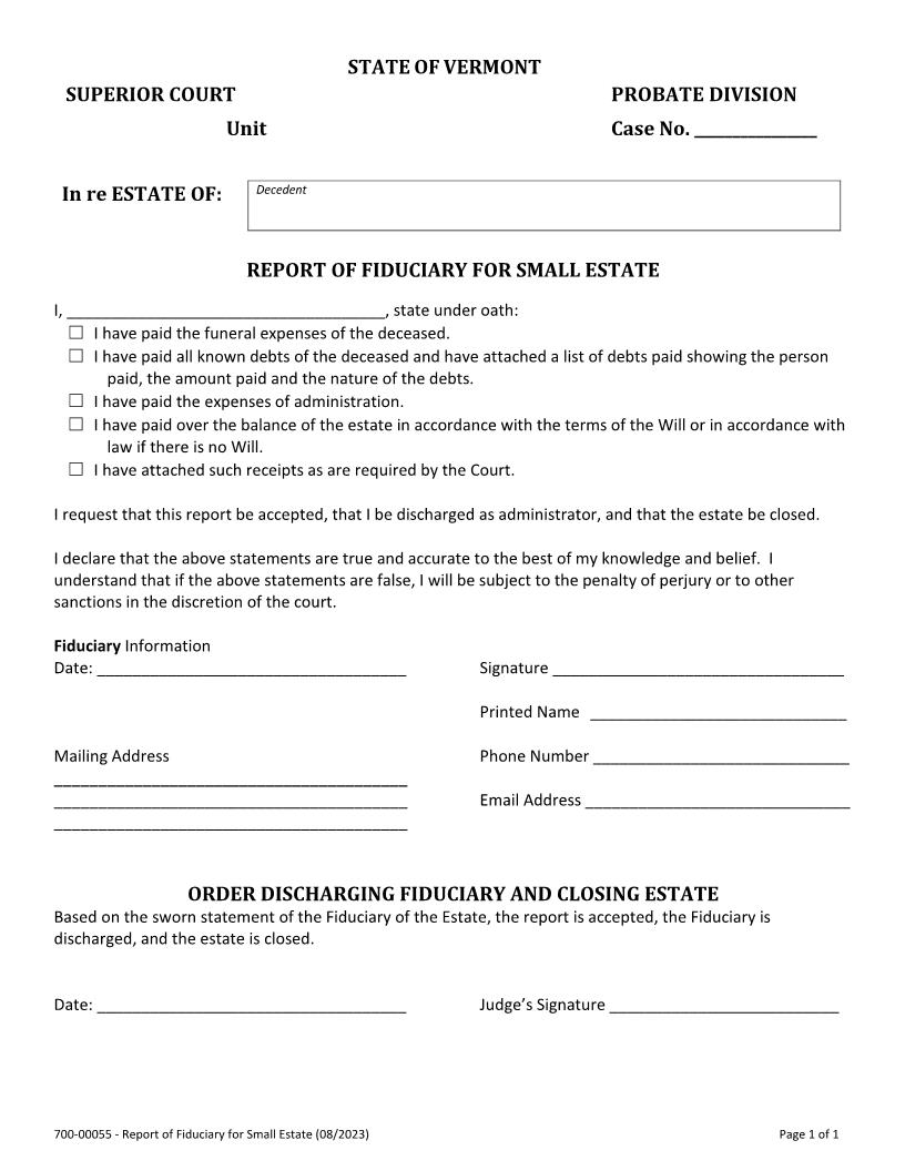 Report Of Fiduciary For Small Estate {700-00055} | Pdf Fpdf Docx | Vermont