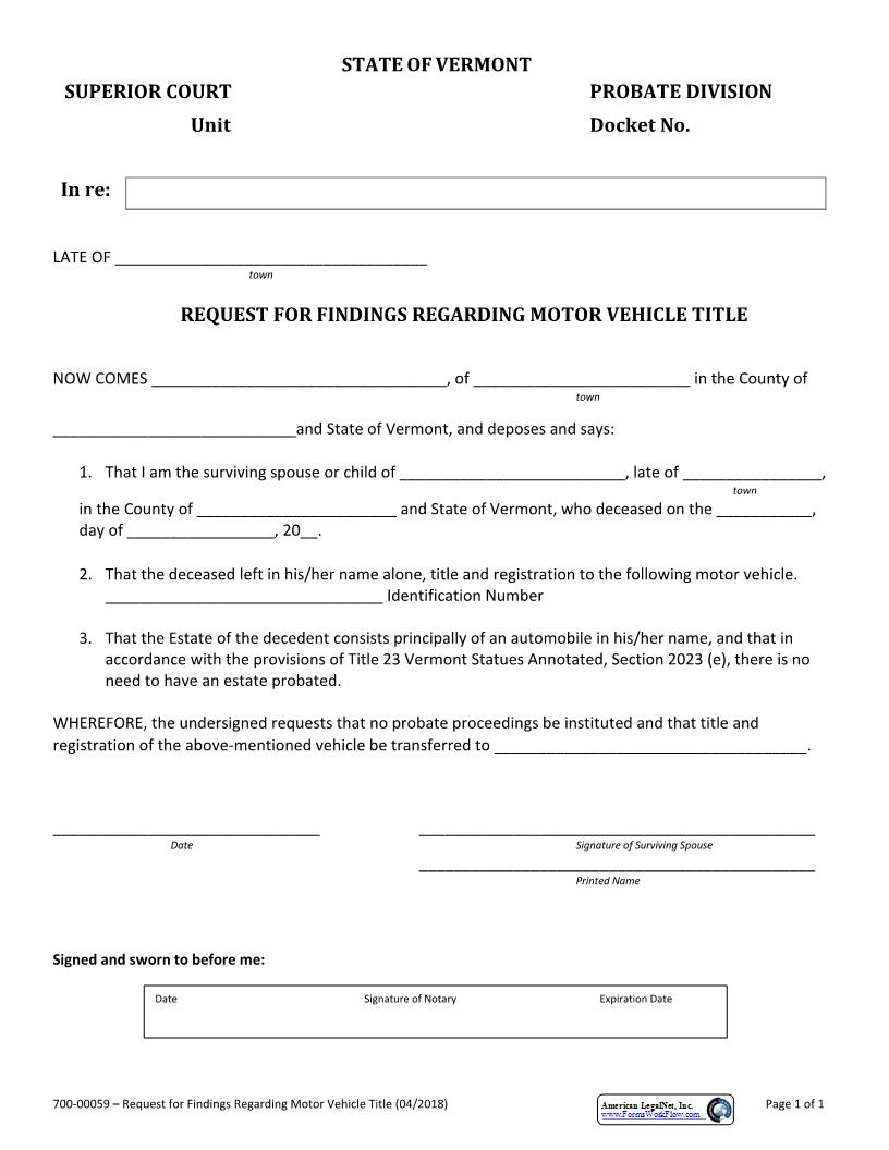Request For Findings Regarding Vehicle Title {700-00059} | Pdf Fpdf Docx | Vermont