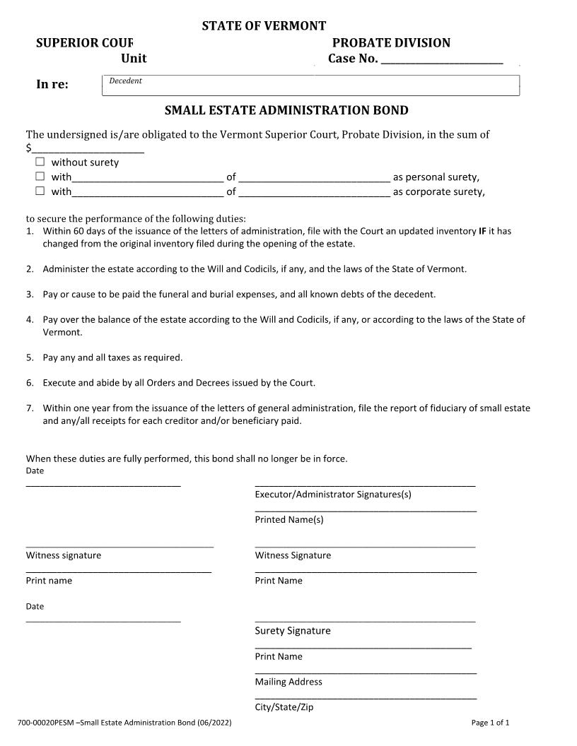 Small Estate Administrative Bond {700-00020PESM} | Pdf Fpdf Docx | Vermont