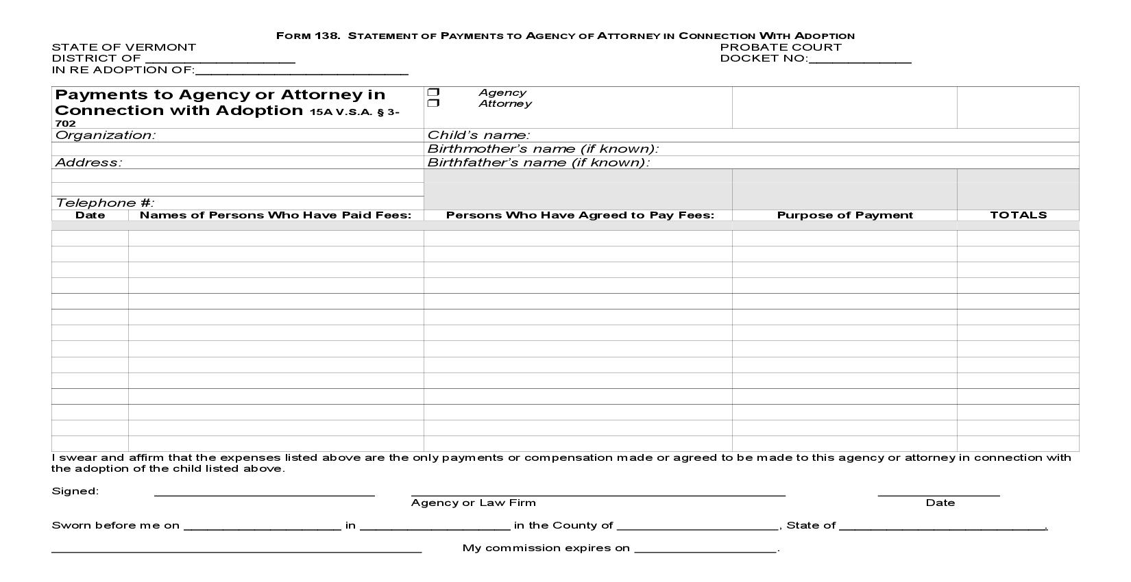 Statement Of Payments To Agency Of Attorney In Connection With Adoption {138} | Pdf Fpdf Docx | Vermont
