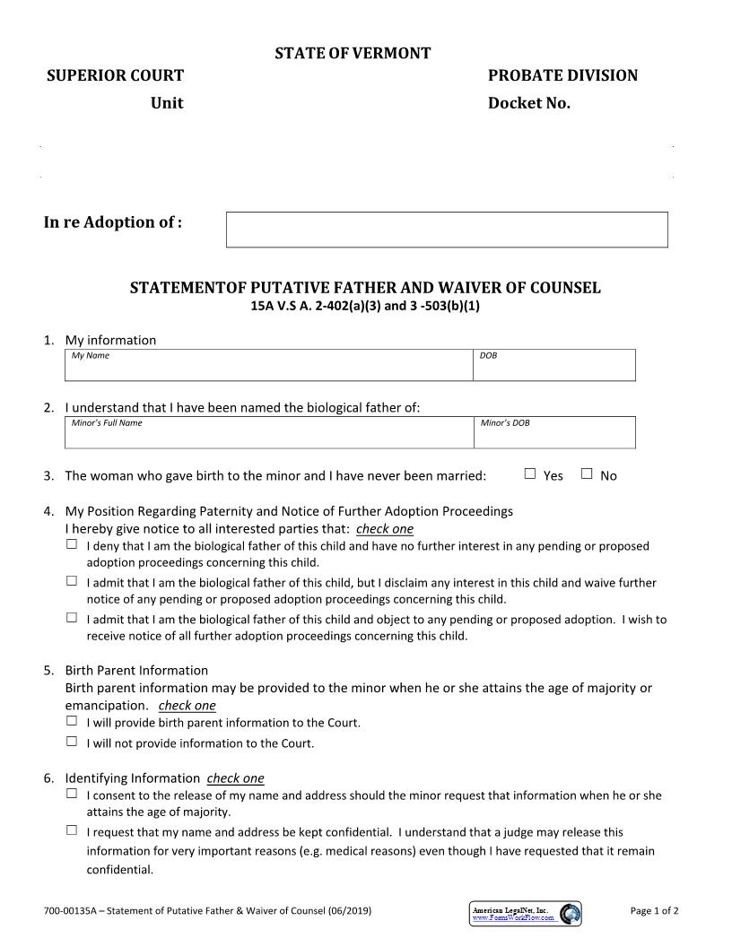 Statement Of Putative Father And Waiver Of Counsel {700-00135A} | Pdf Fpdf Docx | Vermont