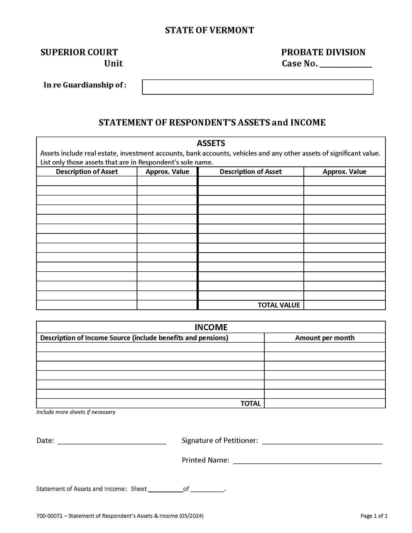 Statement Of Respondents Assets And Income {PG 72} | Pdf Fpdf Doc Docx | Vermont