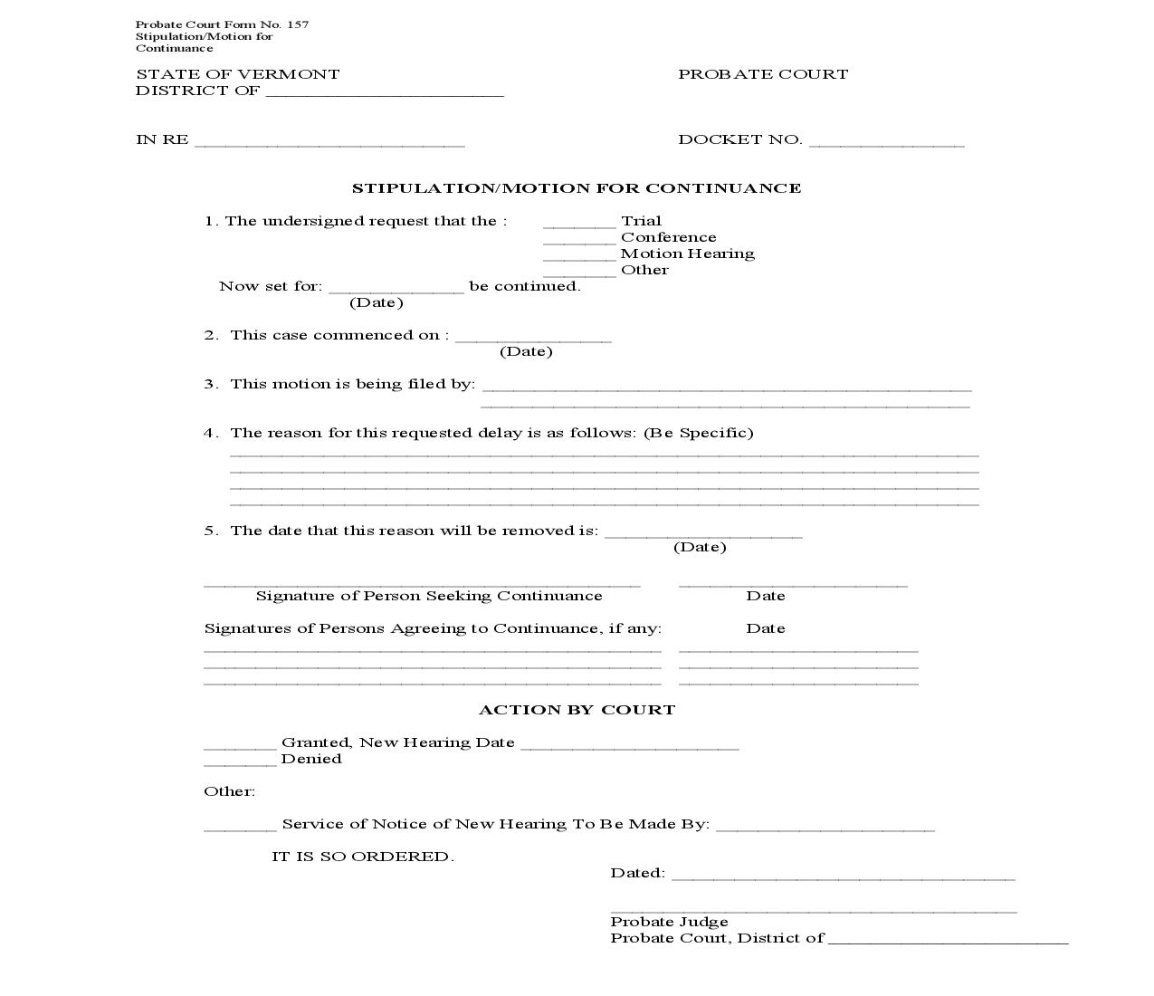 Stipulation Or Motion For Continuance {157} | Pdf Fpdf Doc Docx | Vermont