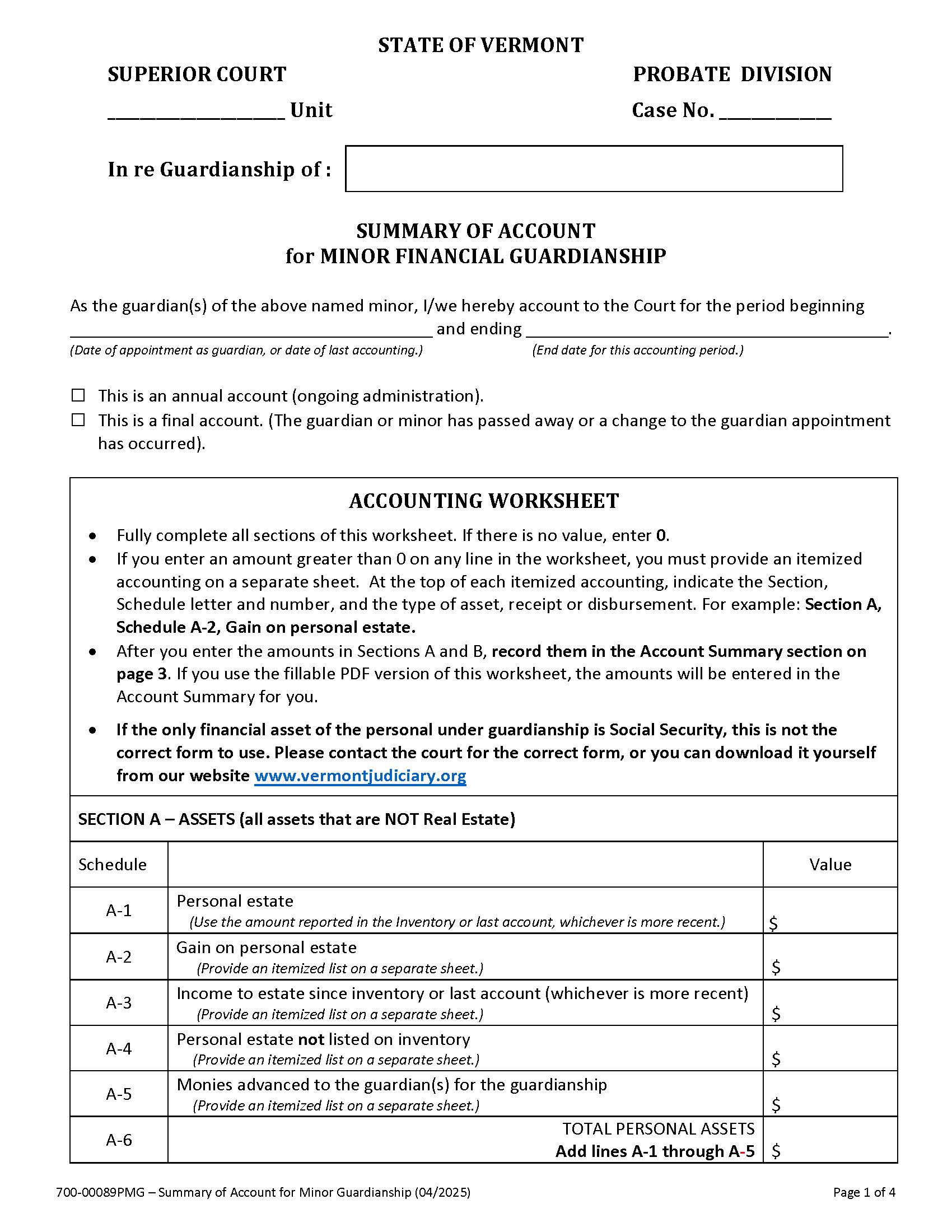 Summary Of Account For Minor Financial Guardianship {700-00089PMG} | Pdf Fpdf Doc Docx | Vermont
