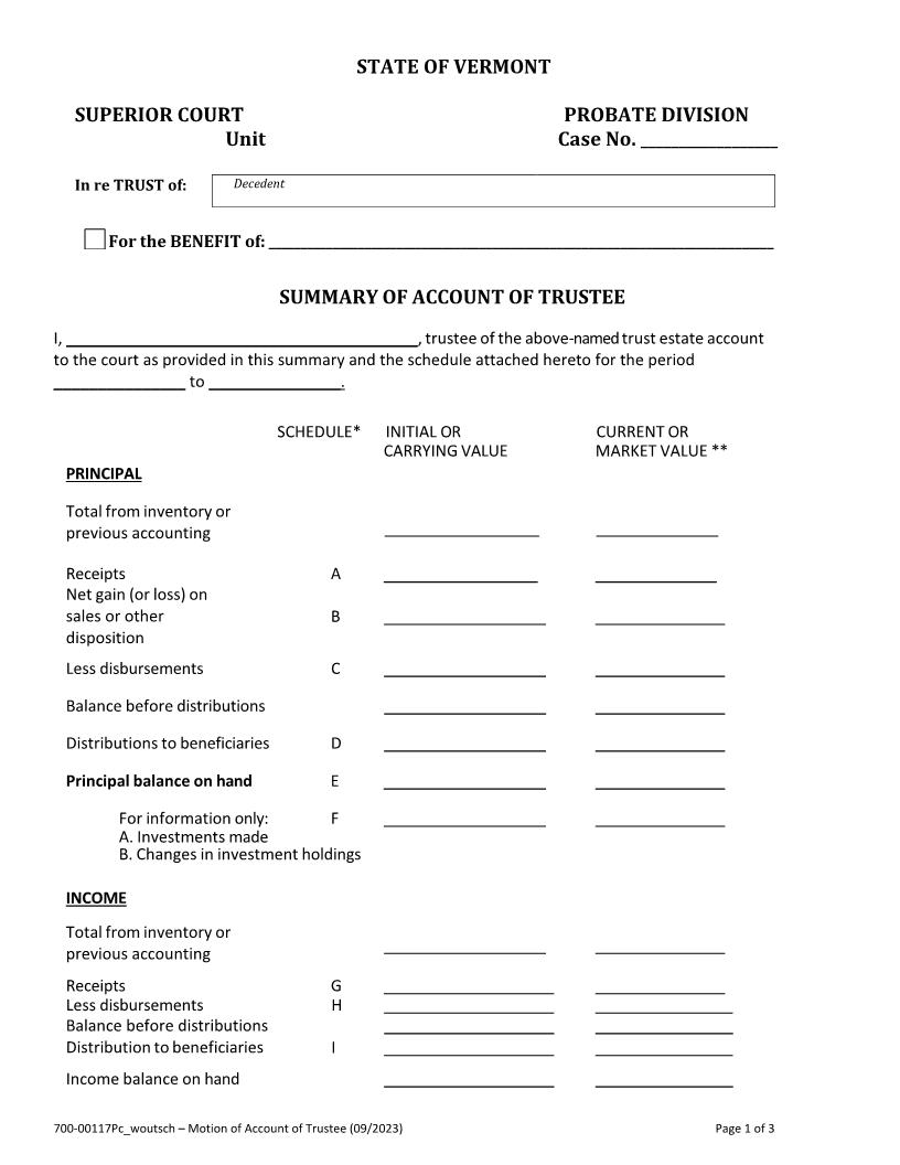 Summary Of Account Of Trustee (Without Schedule) {PC 117} | Pdf Fpdf Docx | Vermont