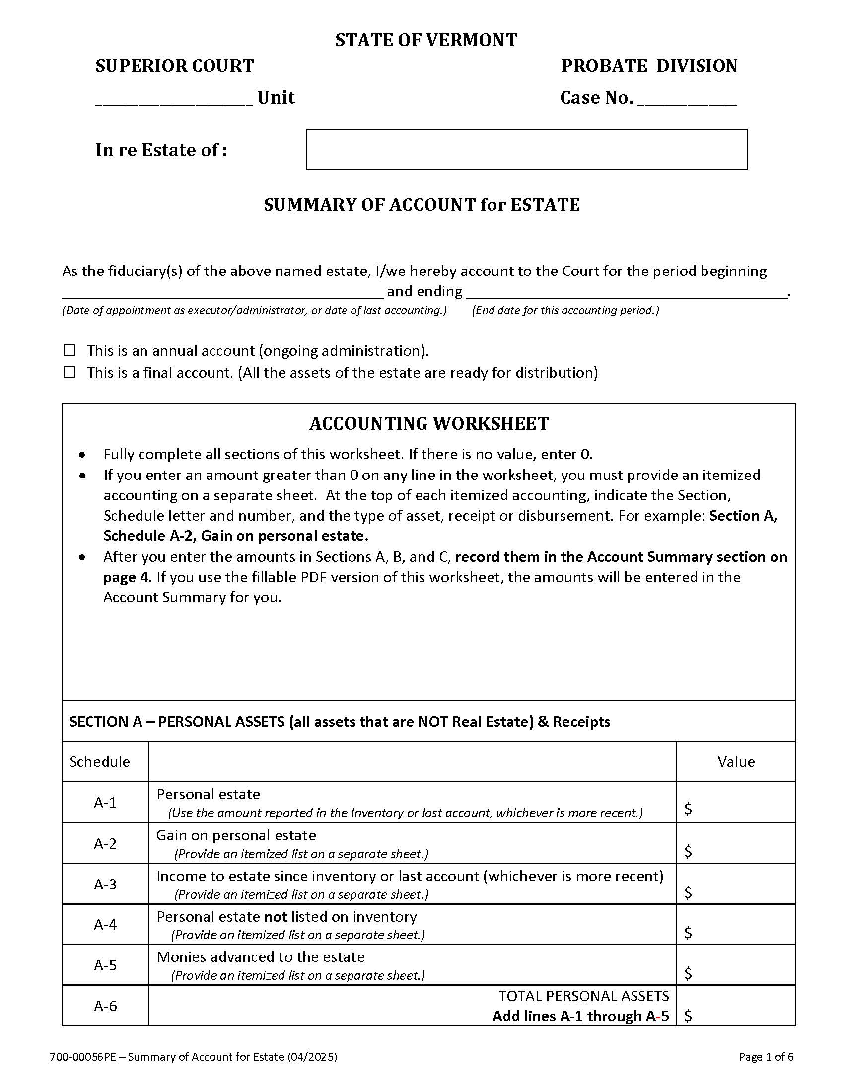 Summary Of Account With Schedules And Motion To Allow Account {700-00056PE} | Pdf Fpdf Docx | Vermont