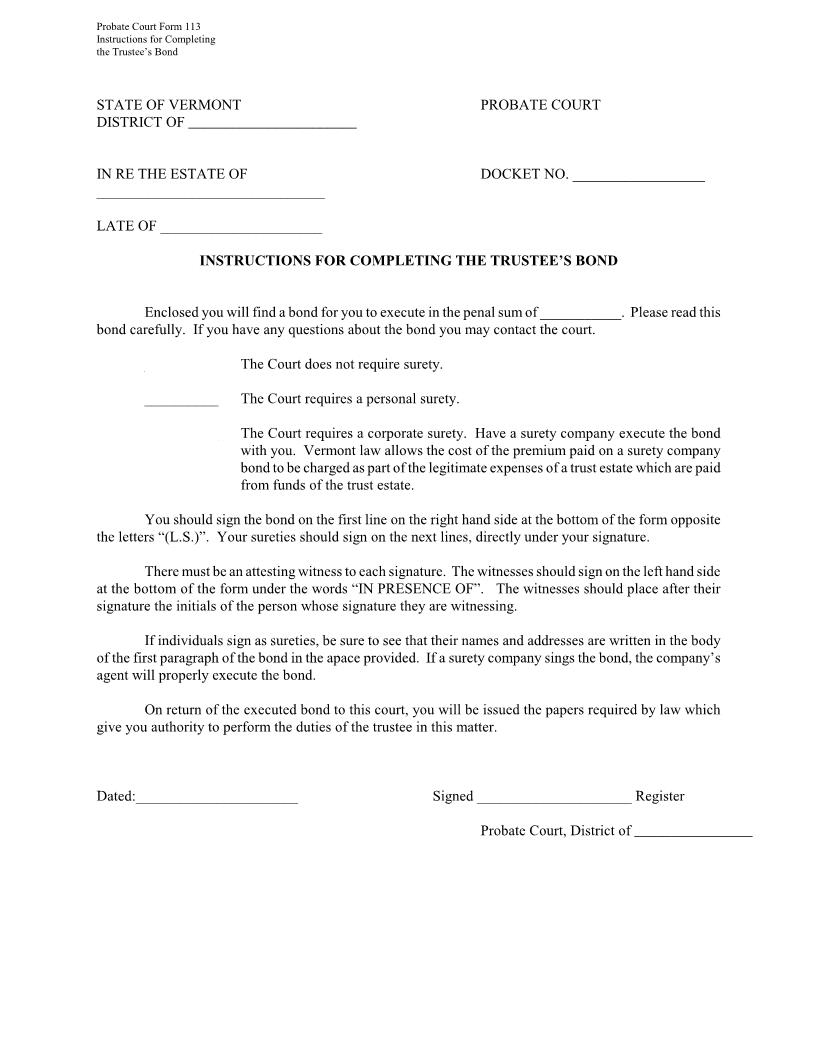 Trustees Bond Instructions {PC 113} | Pdf Fpdf Docx | Vermont