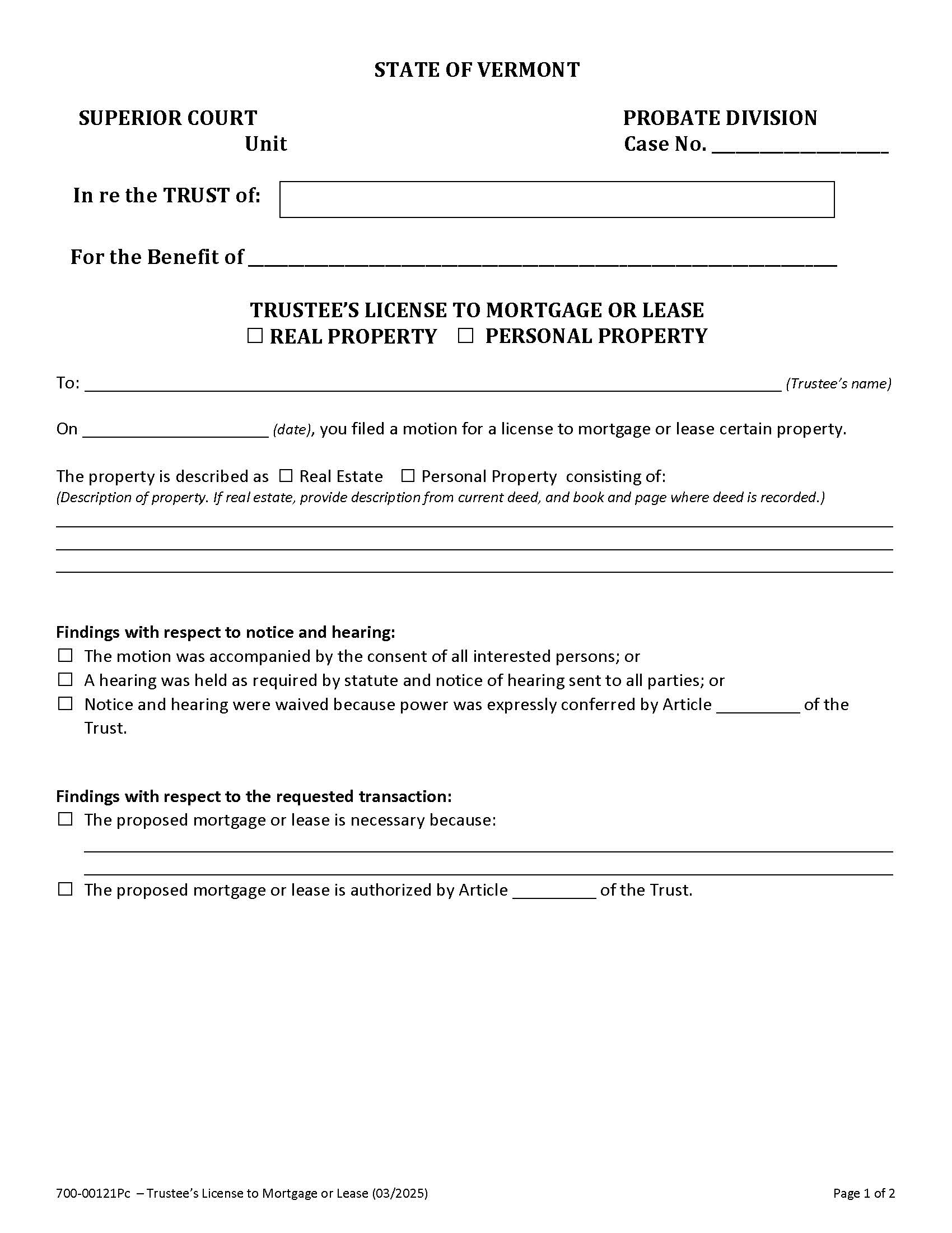 Trustees License To Mortgage Or Lease {PC 121} | Pdf Fpdf Docx | Vermont