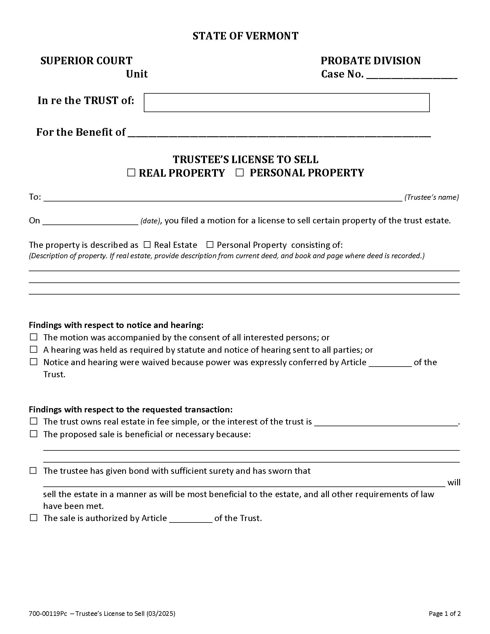 Trustees License To Sell {PC 119} | Pdf Fpdf Docx | Vermont