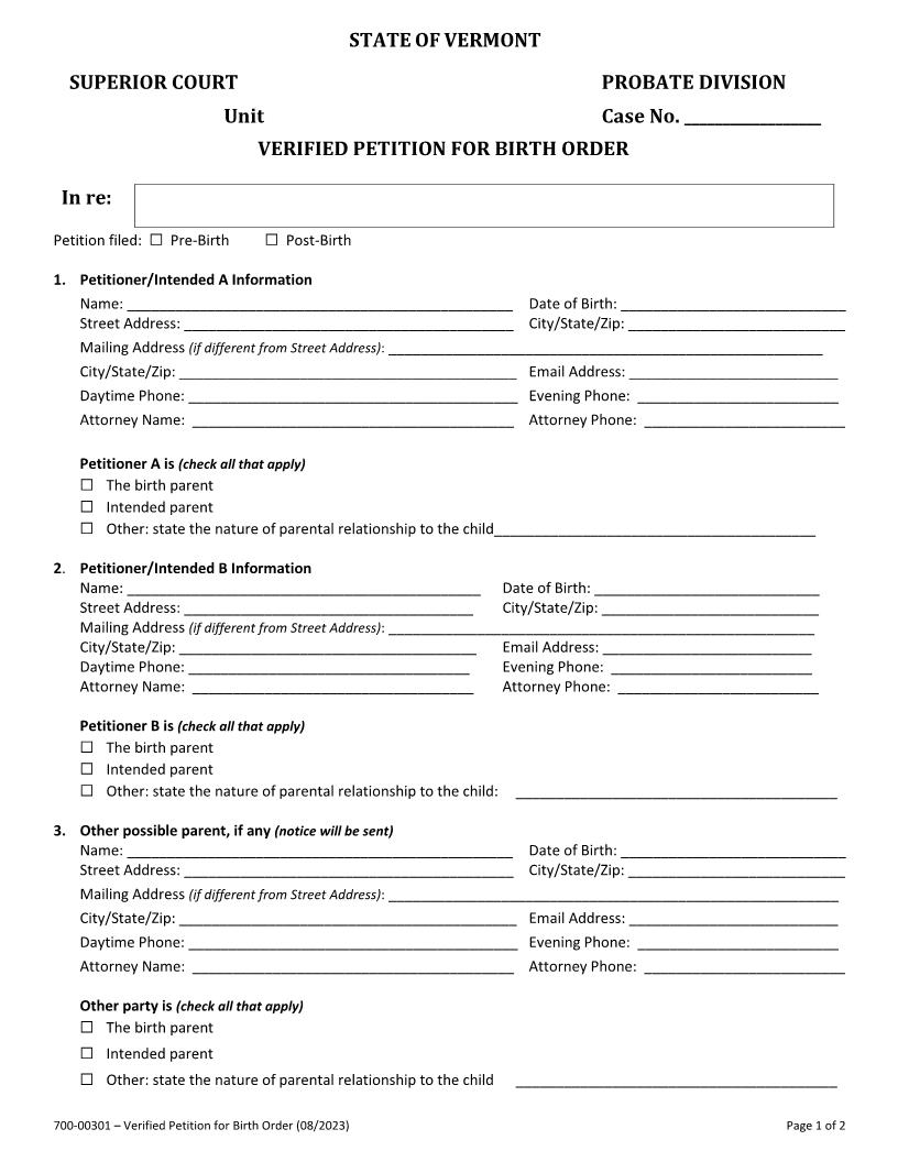 Verified Petition For Birth Order {700-00301} | Pdf Fpdf Docx | Vermont