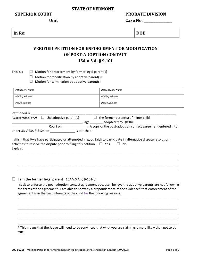 Verified Petition For Enforcement Or Modification Of Post-Adoption Contact {700-00205} | Pdf Fpdf Docx | Vermont