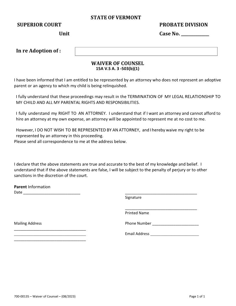 Waiver Of Counsel {700-00135} | Pdf Fpdf Docx | Vermont