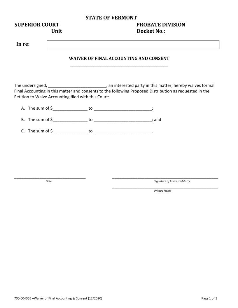 Waiver Of Final Accounting And Consent {700-00406B} | Pdf Fpdf Docx | Vermont