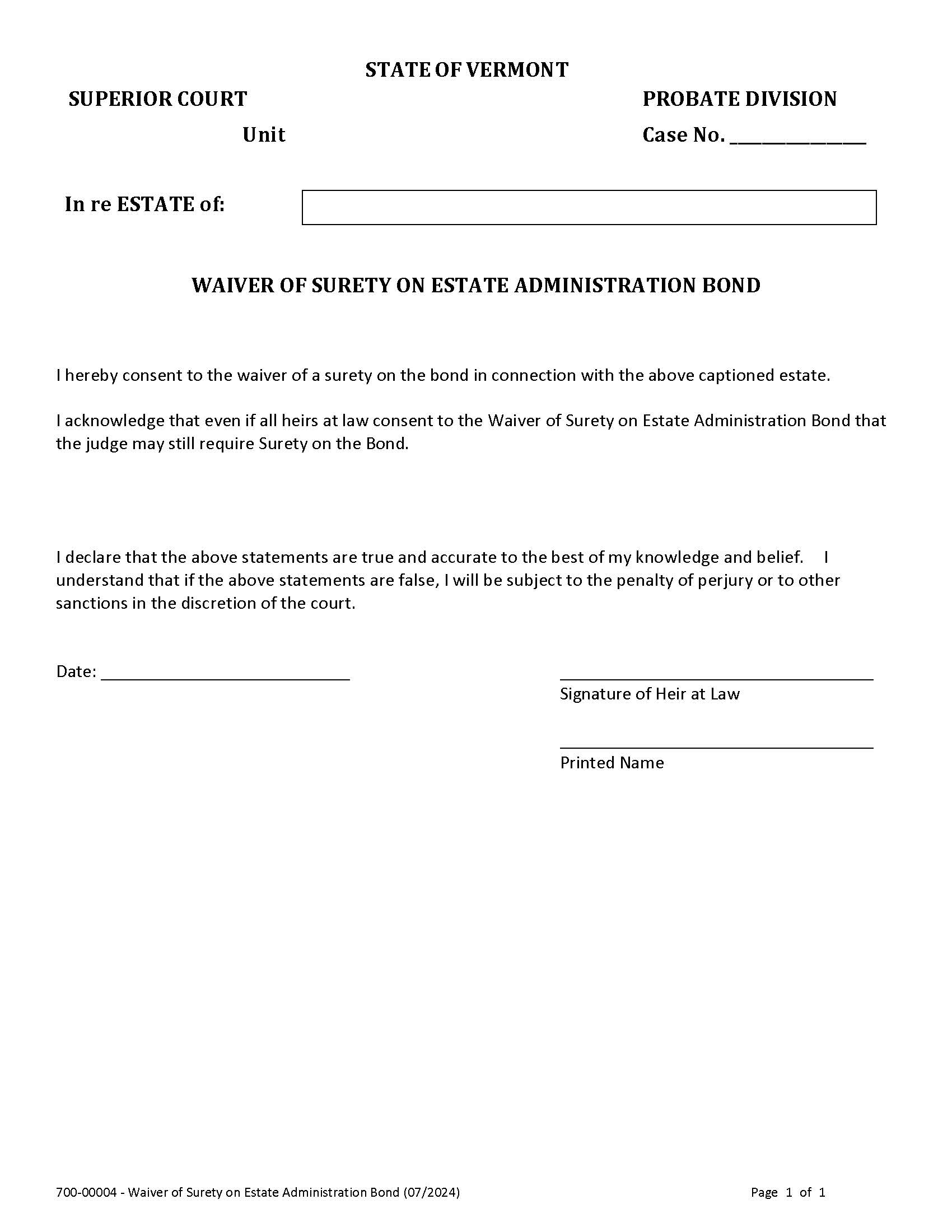 Waiver Of Surety {700-00004} | Pdf Fpdf Docx | Vermont