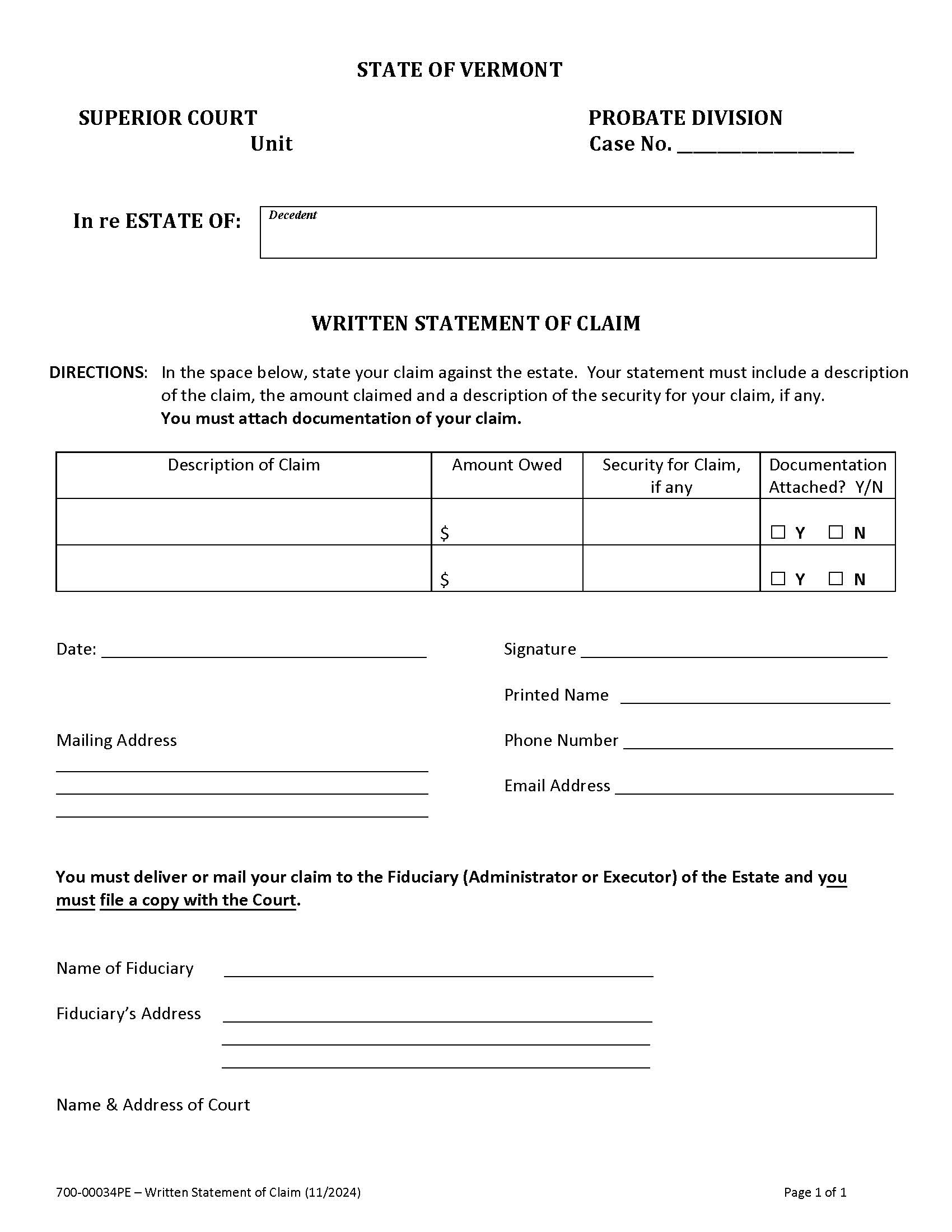 Written Statement Of Claim {PE 34} | Pdf Fpdf Doc Docx | Vermont