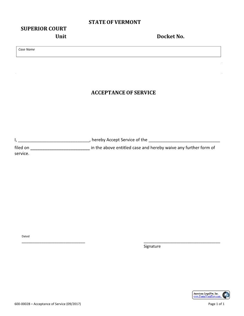Acceptance Of Service {600-00028} | Pdf Fpdf Docx | Vermont