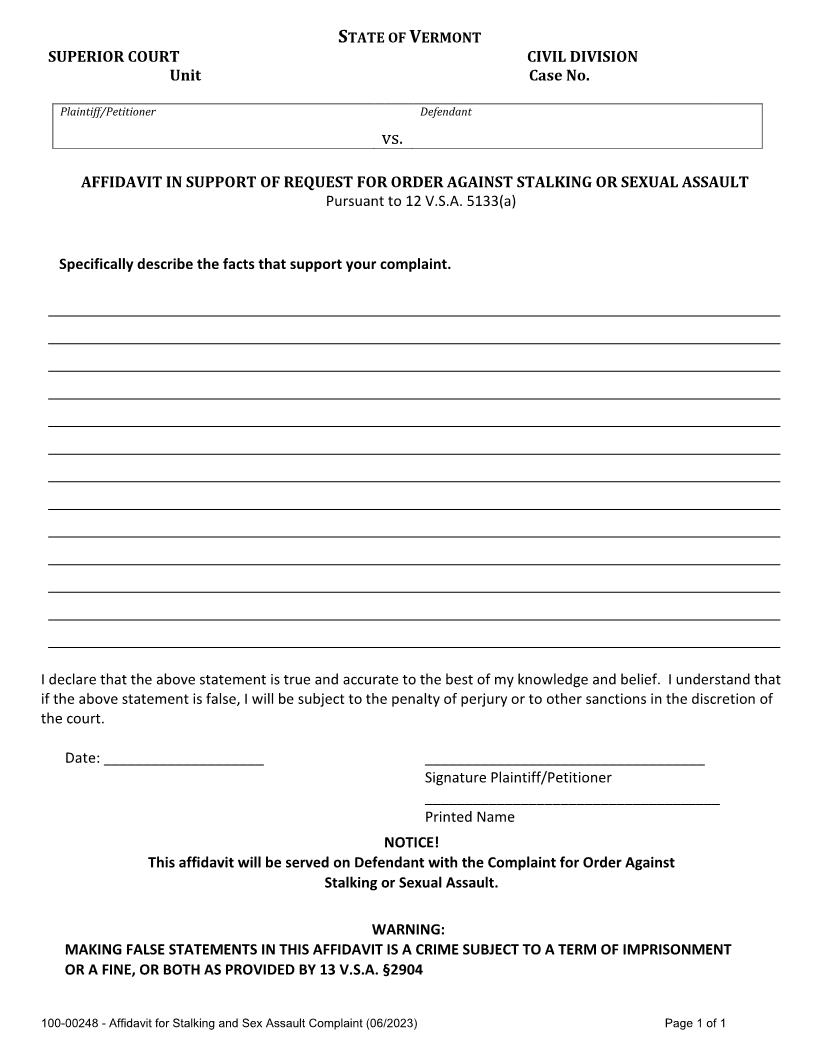 Affidavit In Support Of Request For Order Against Stalking Or Sexual Assault {100-00248} | Pdf Fpdf Doc Docx | Vermont