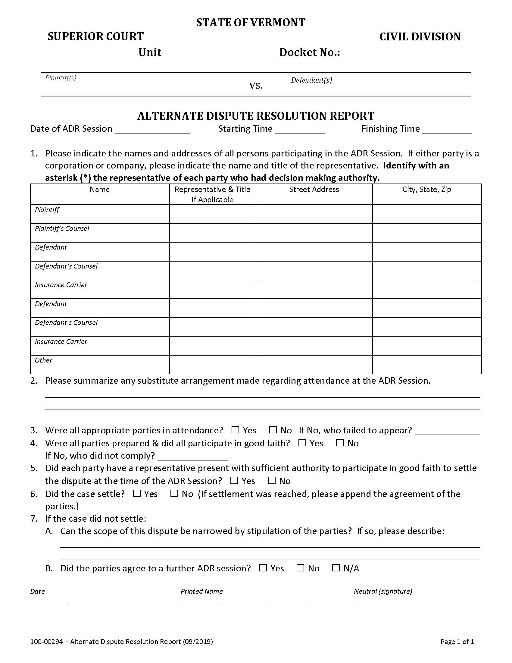 Alternate Dispute Resolution Report {100-00294} | Pdf Fpdf Doc Docx | Vermont