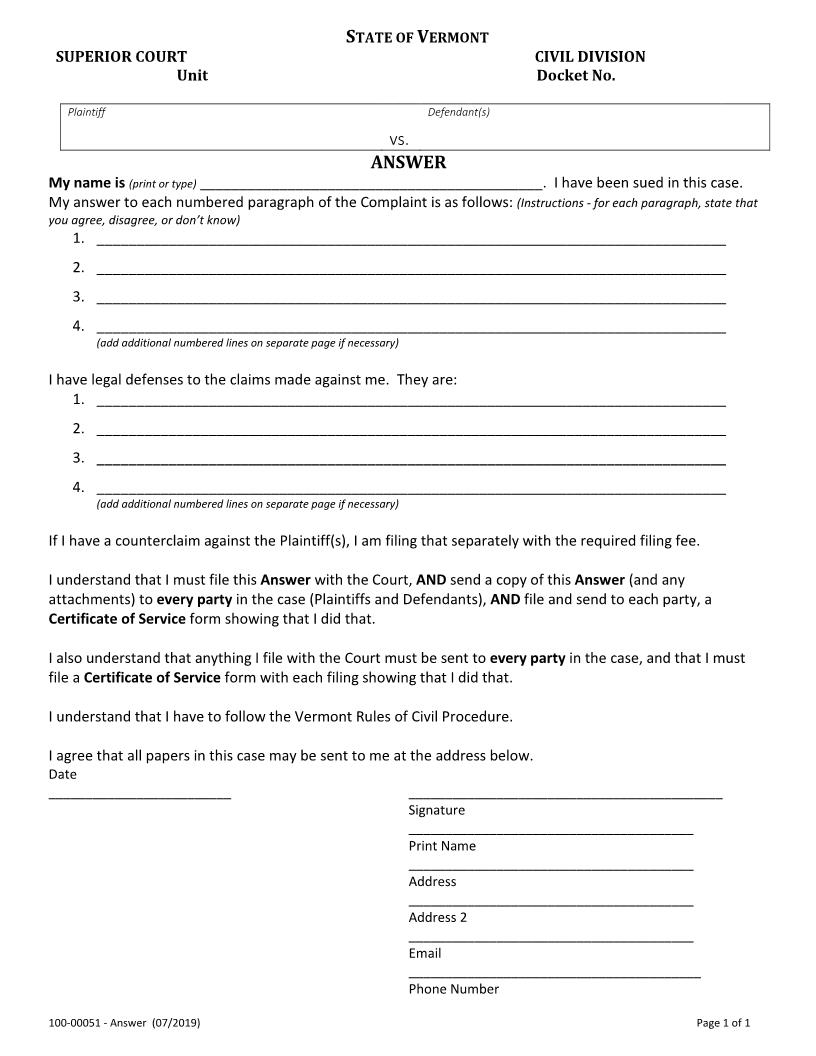 Answer {100-00051} | Pdf Fpdf Docx | Vermont
