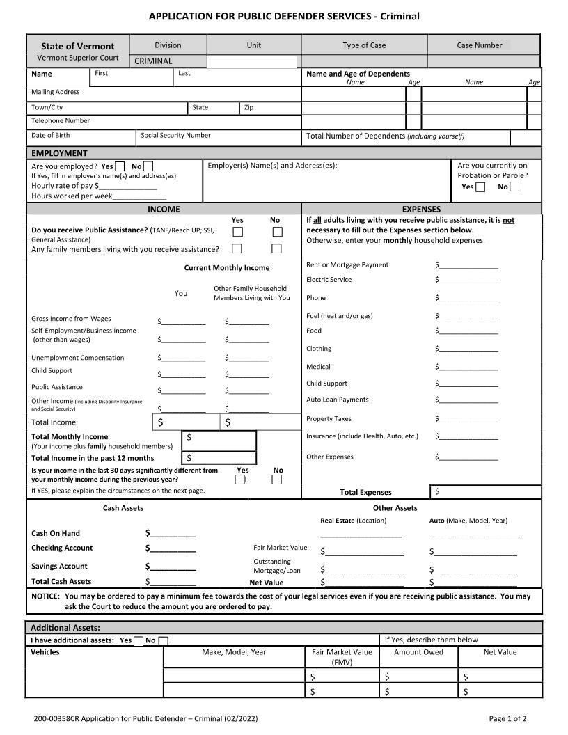 Application For Public Defender Services (Criminal) {200-00358CR} | Pdf Fpdf Docx | Vermont