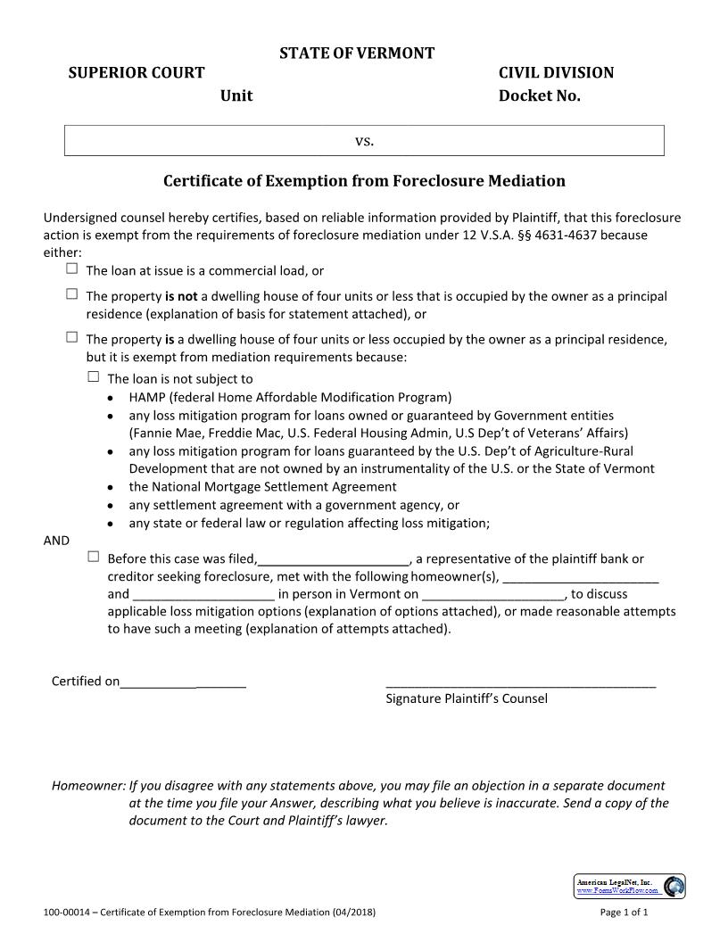 Certificate Of Exemption From Foreclosure Mediation {100-00014} | Pdf Fpdf Docx | Vermont