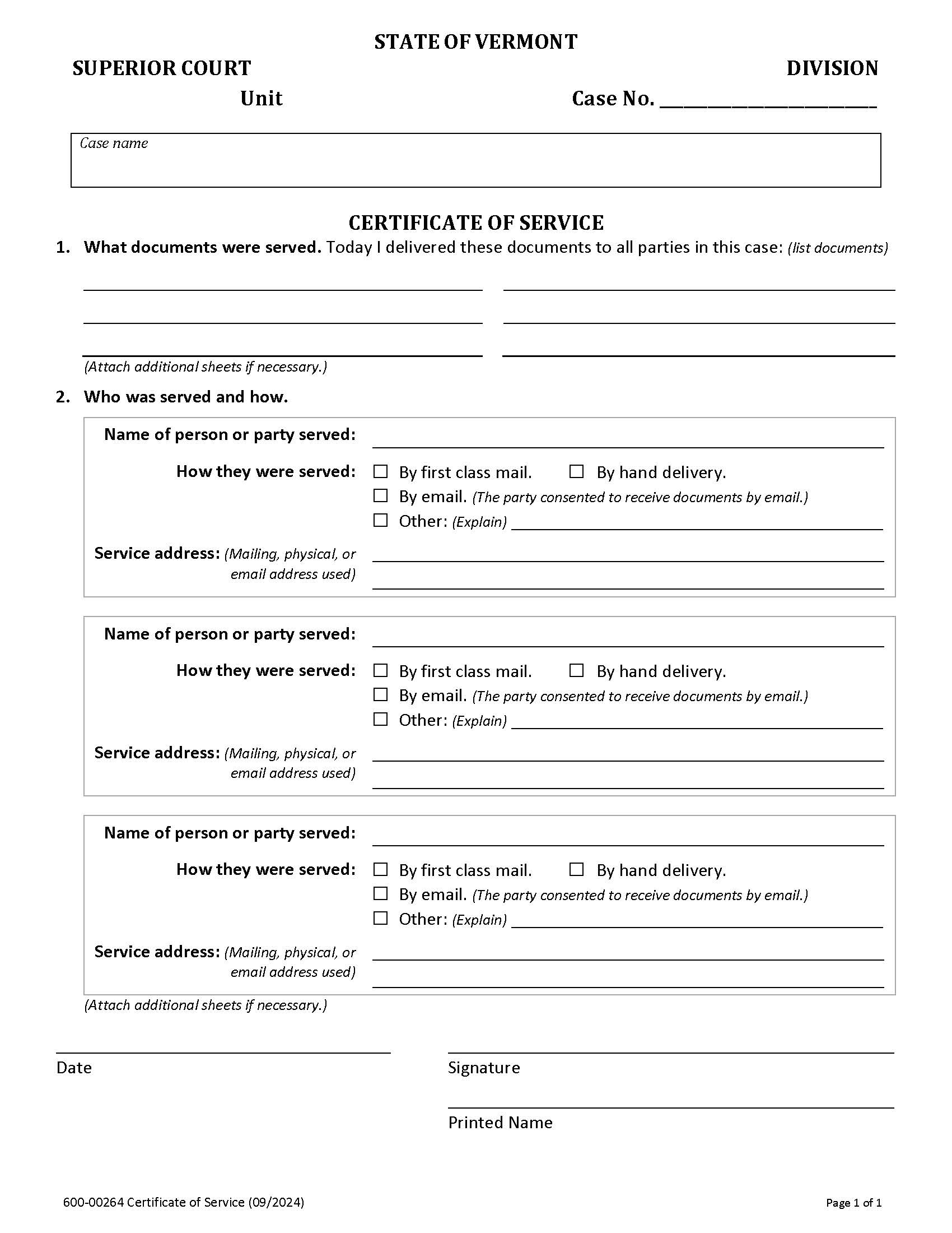 Certificate Of Service {100-00264} | Pdf Fpdf Docx | Vermont