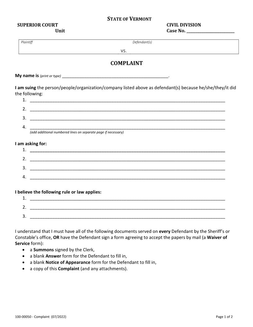 Civil Complaint {100-00050} | Pdf Fpdf Docx | Vermont