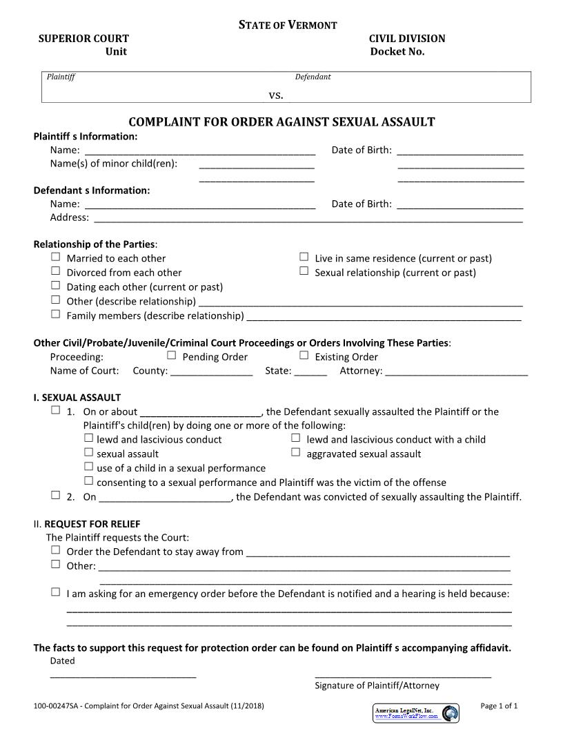 Complaint For Order Against Sexual Assault {100-00247SA} | Pdf Fpdf Docx | Vermont