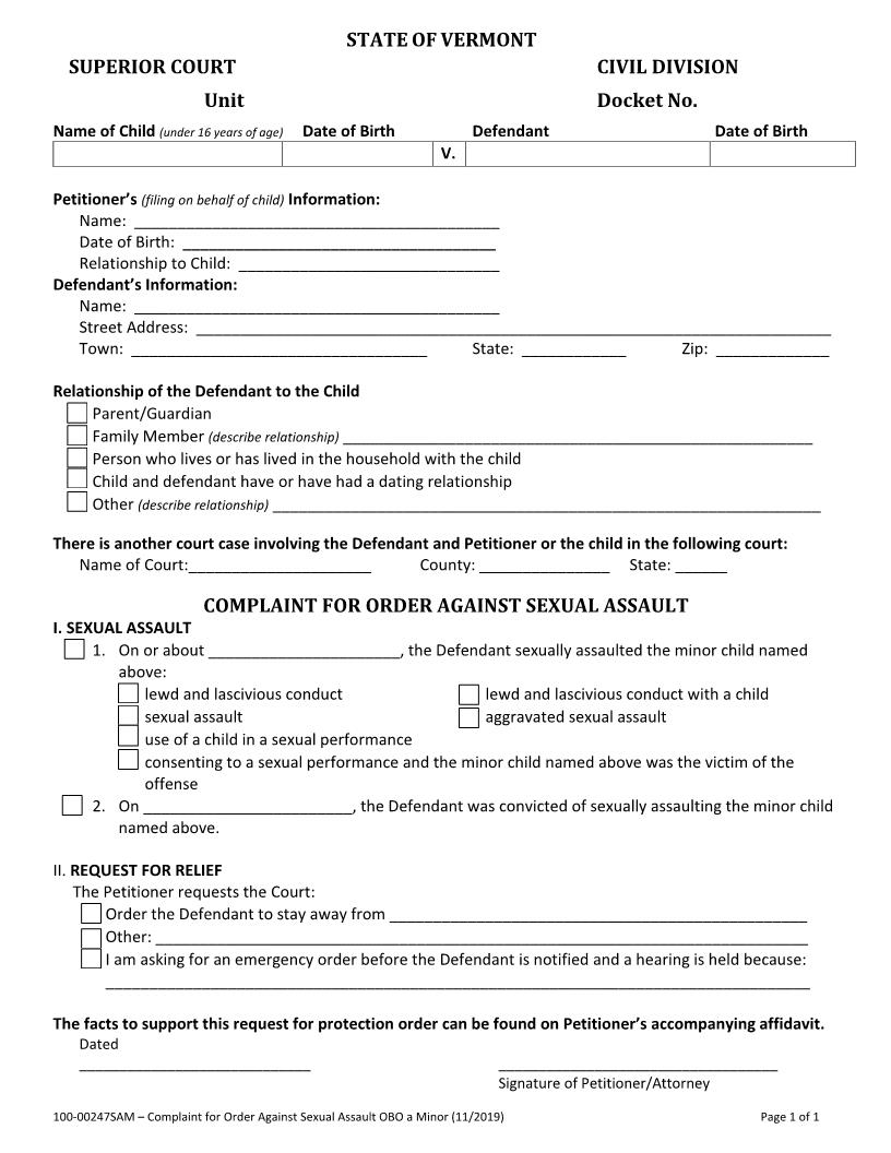 Complaint For Order Against Sexual Assault OBO Minor {100-00247SAM} | Pdf Fpdf Docx | Vermont