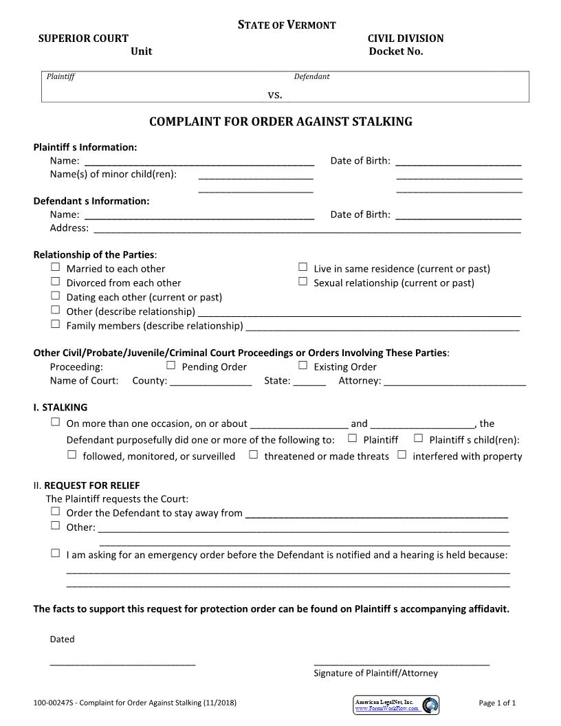 Complaint For Order Against Stalking {100-00247S} | Pdf Fpdf Docx | Vermont