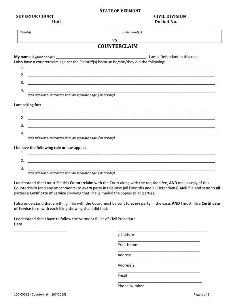 Counterclaim {100-00052} | Pdf Fpdf Docx | Vermont