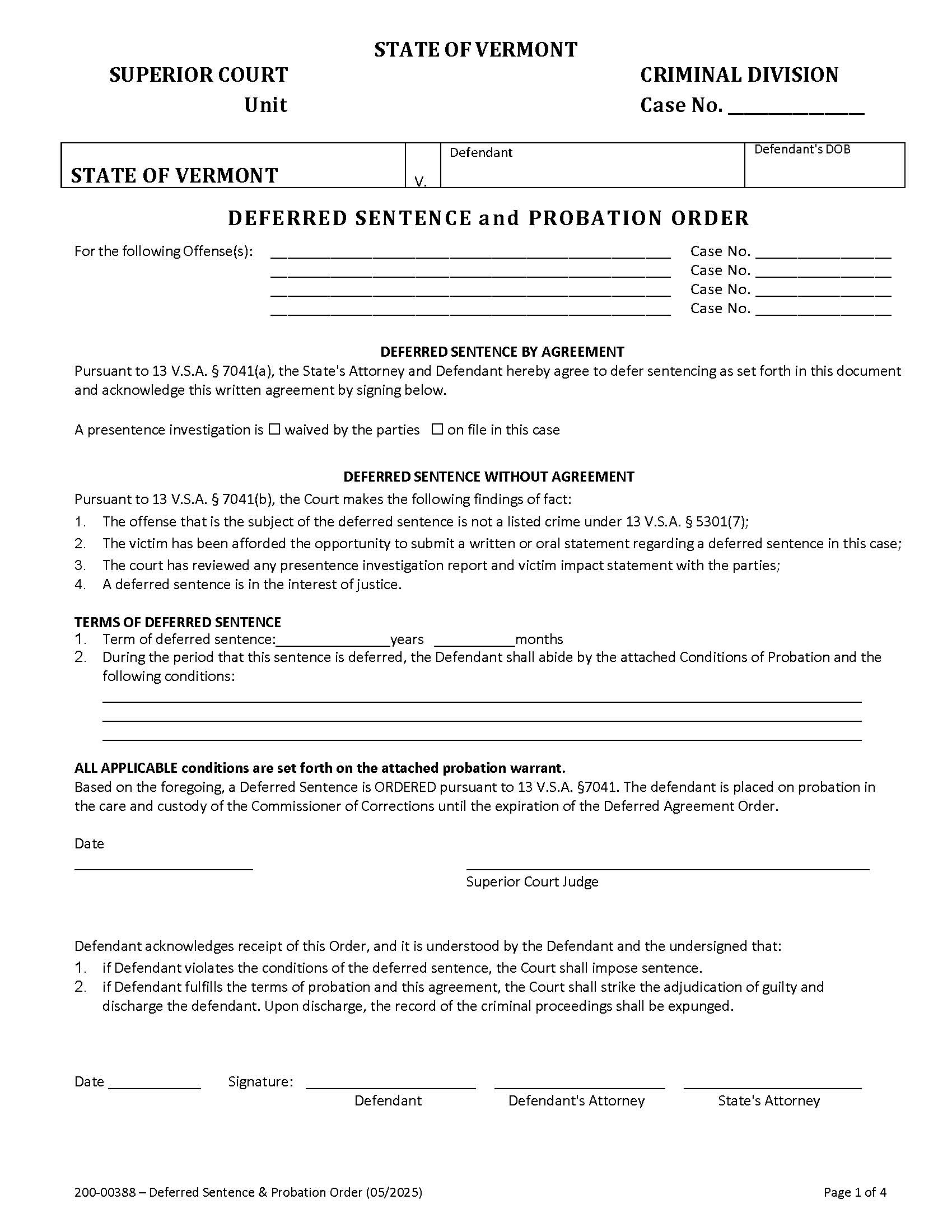 Deferred Sentence And Probation Order {200-00388} | Pdf Fpdf Docx | Vermont
