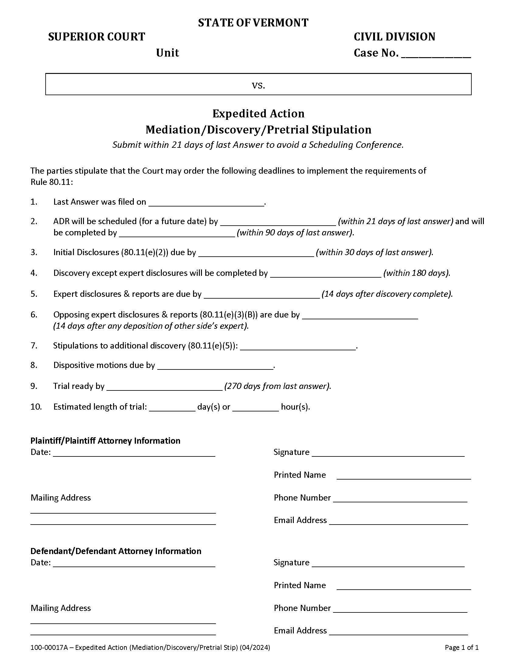 Expedited Action (Mediation-Discovery-Pretrial Stipulation) {100-00017A} | Pdf Fpdf Docx | Vermont