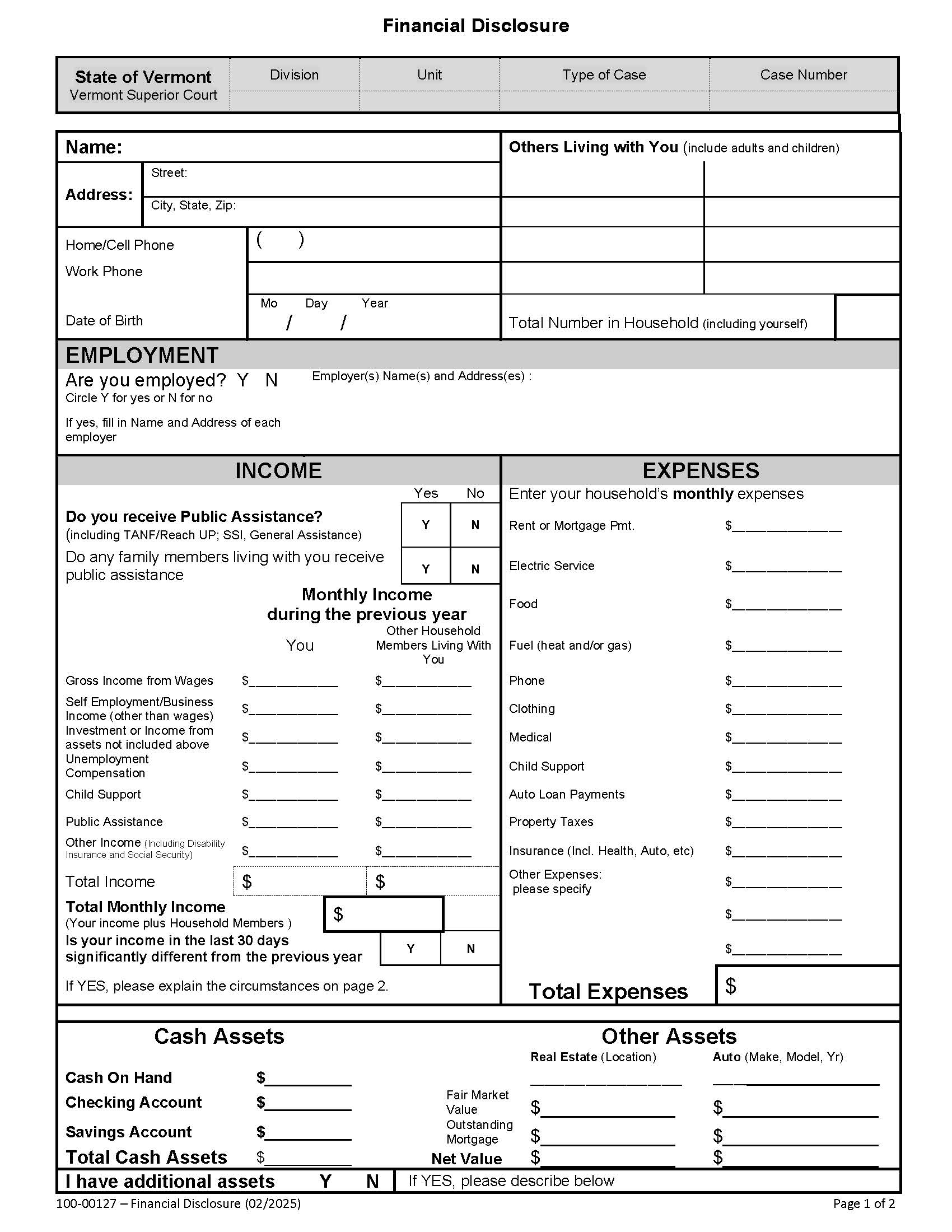 Financial Disclosure Affidavit {100-00127} | Pdf Fpdf Docx | Vermont
