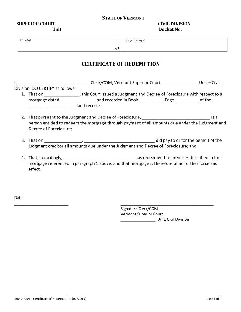 Foreclosure Certificate Of Redemption {100-00054} | Pdf Fpdf Docx | Vermont