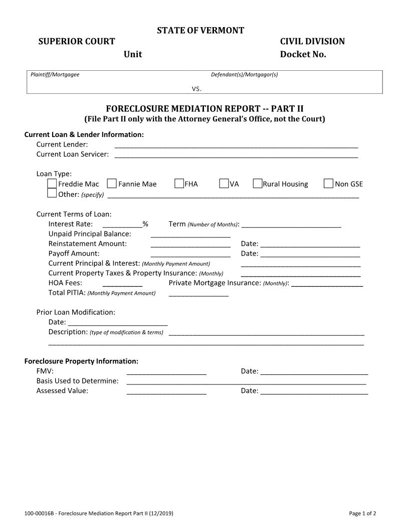 Foreclosure Mediation Report II {100-00016B} | Pdf Fpdf Docx | Vermont
