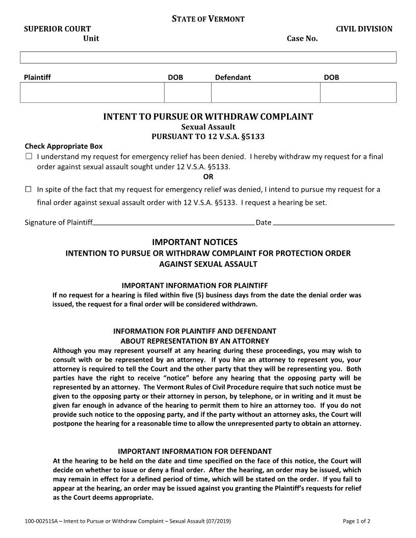 Intent To Pursue Or Withdraw Complaint - Sexual Assault {100-00251SA} | Pdf Fpdf Docx | Vermont