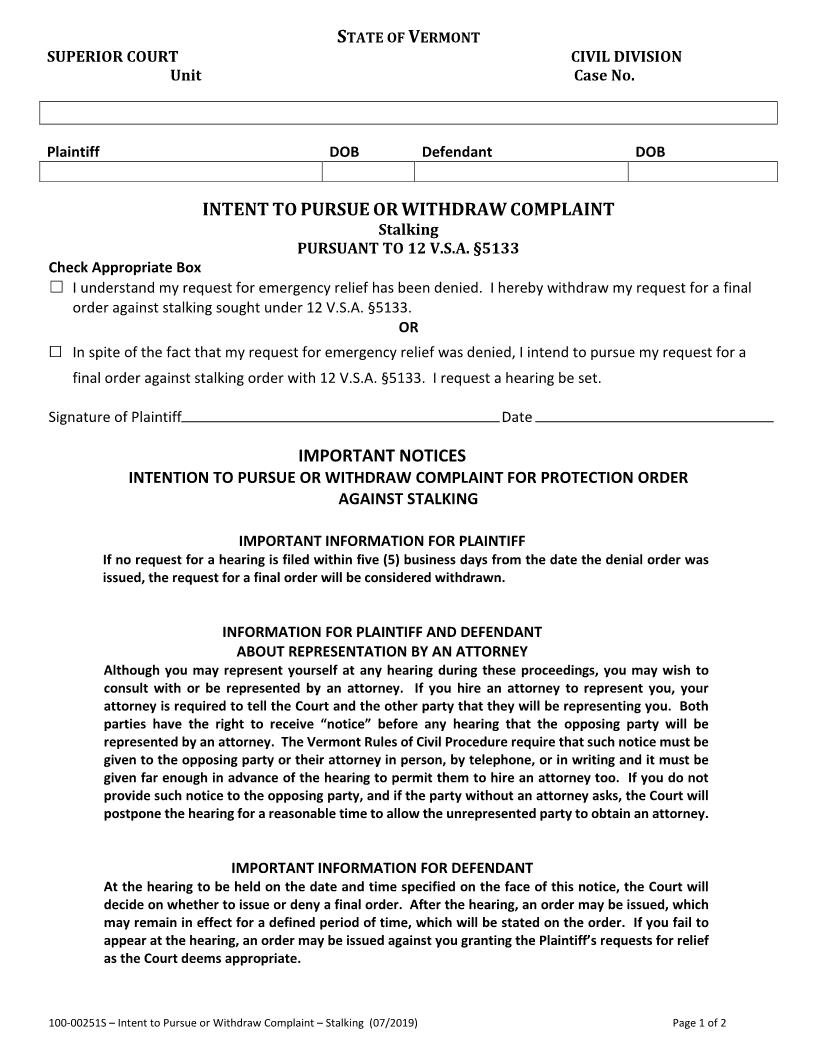 Intent To Pursue Or Withdraw Complaint - Stalking {100-00251S} | Pdf Fpdf Docx | Vermont