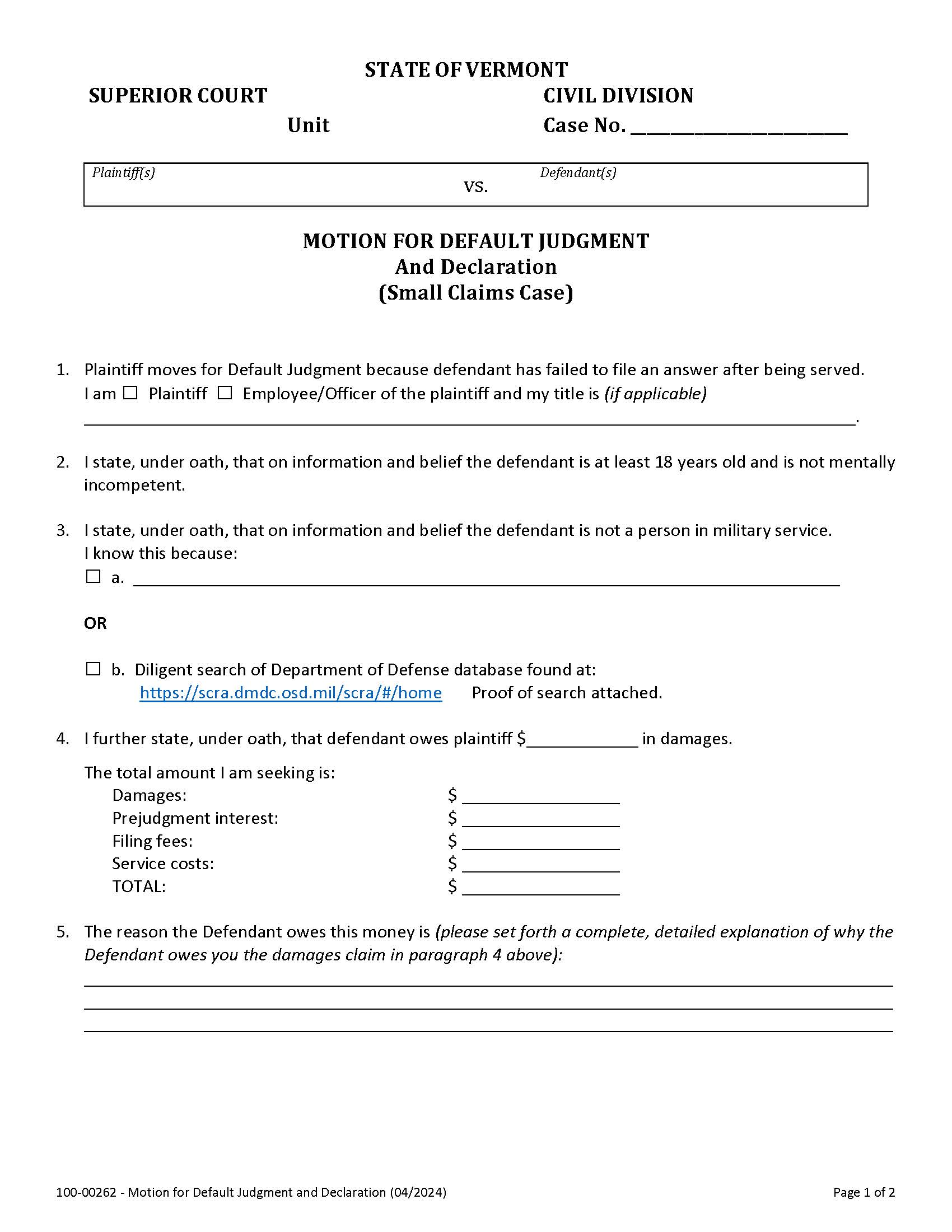 Motion For Default Judgment And Affidavit (Small Claims) {100-00262} | Pdf Fpdf Docx | Vermont