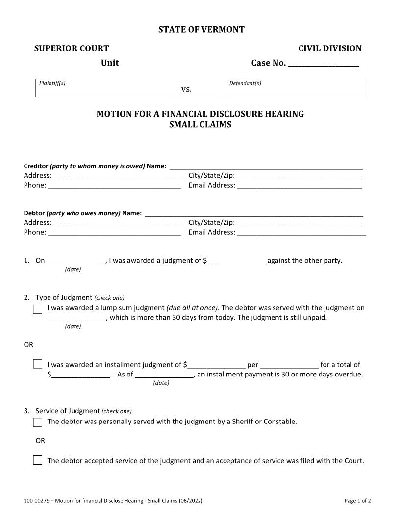 Motion For Financial Disclosure Hearing (Small Claims) {100-00279} | Pdf Fpdf Docx | Vermont