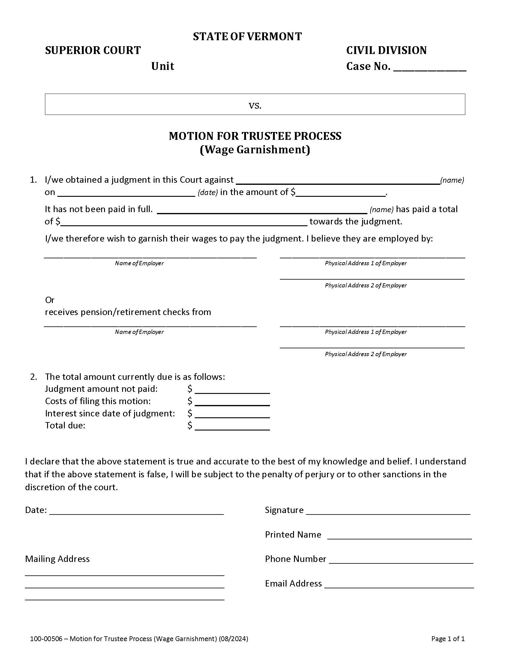 Motion For Trustee Process (Wage Garnishment) {100-00506} | Pdf Fpdf Docx | Vermont