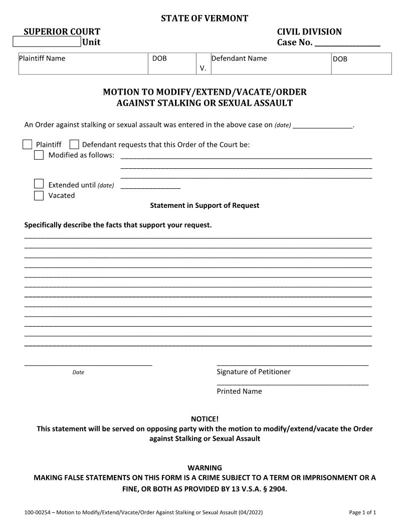 Motion To Modify Order Against Stalking Or Sexual Assault {100-00254} | Pdf Fpdf Docx | Vermont